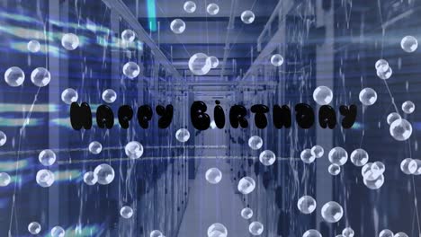 Animation-of-bubbles-floating-over-happy-birthday-and-servers