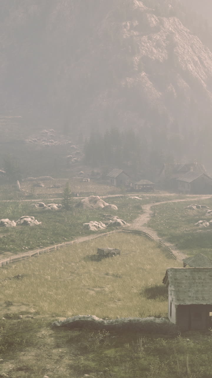 A tranquil cabin in mountains at dawn