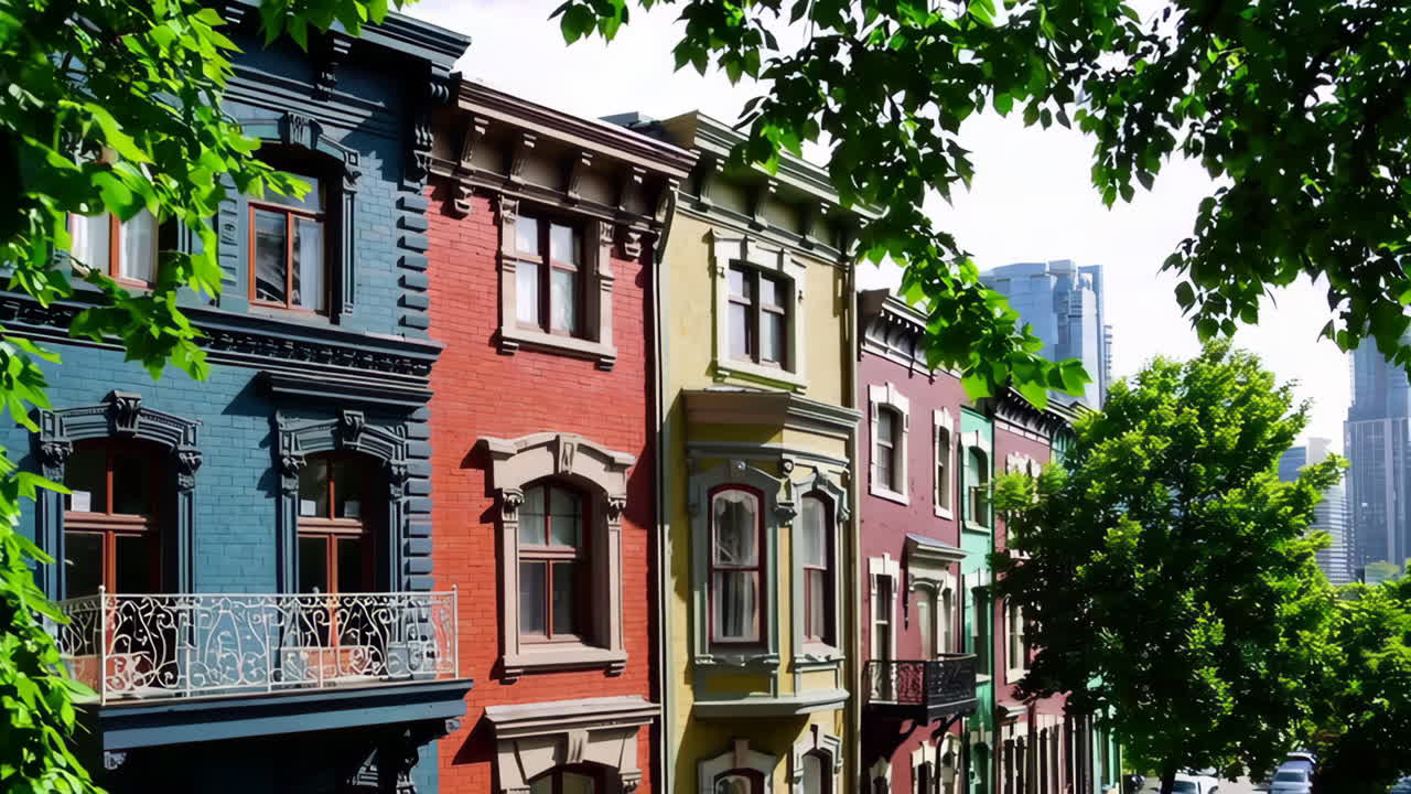 Colorful Row Houses with Balconies and Trees