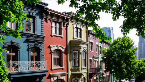 colorful row houses with balconies and trees