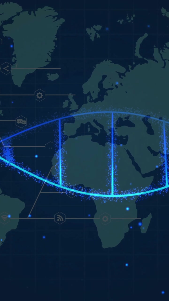 Animação de fita de DNA sobre mapa-múndi com pontos de dados