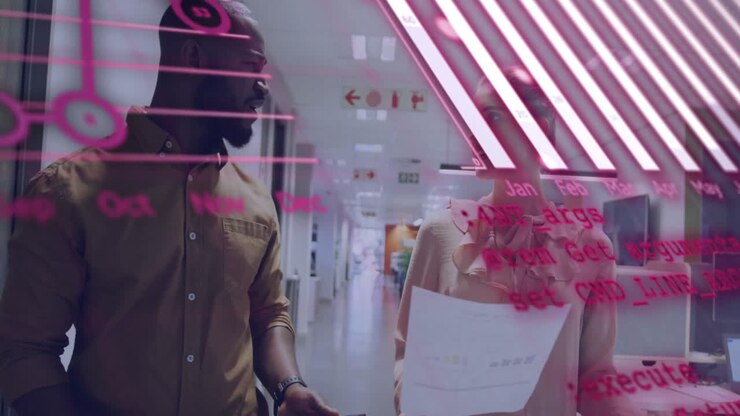 Animation of financial data processing over diverse business people in office