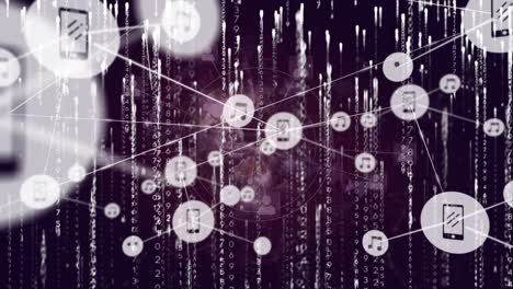Animation of network of connections with icons over data processing and globe on black background
