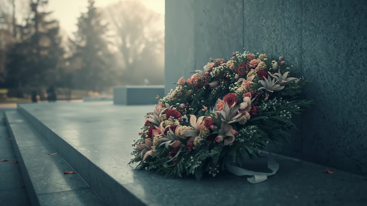 Stirring breeze causing petals drifting around wreath on monument under dawn light, copy space