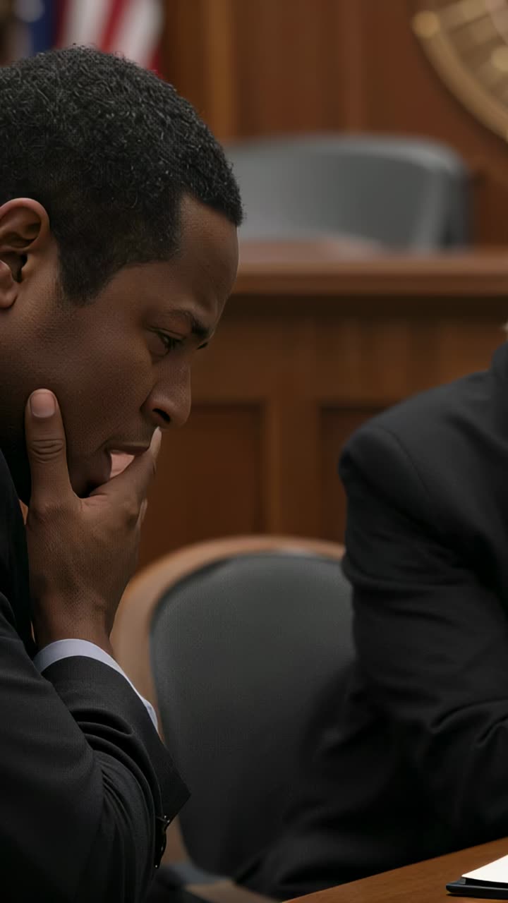 Vertical video: Leaning man in dark suit reacting to court proceeding, pinching fingers near papers