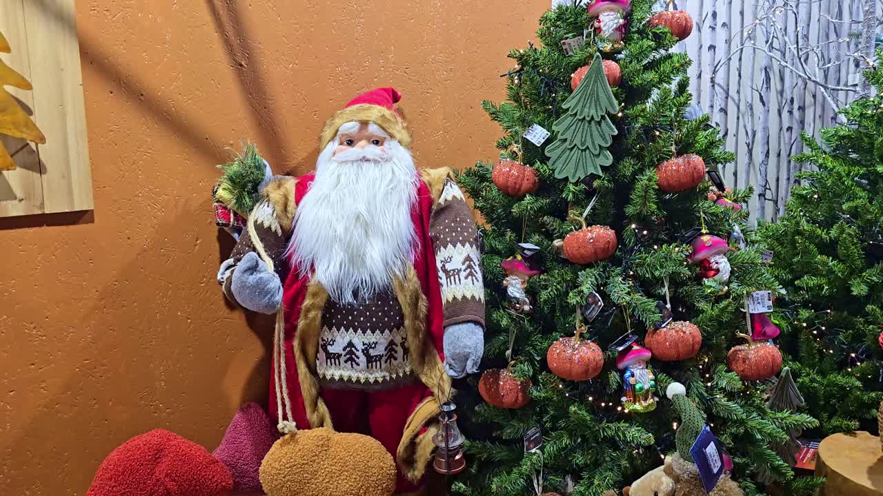 Panning shot showing Santa, gnomes, and decorated Christmas trees in store