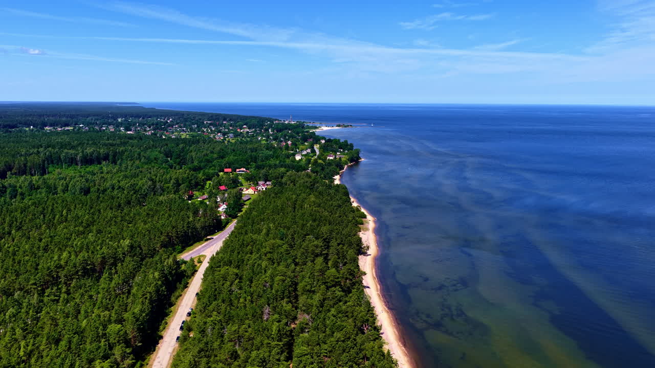 Aerial view of Baltic Sea coastline and forest near village on a sunny day
