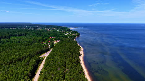 aerial view of baltic sea coastline and forest near village on a sunny day