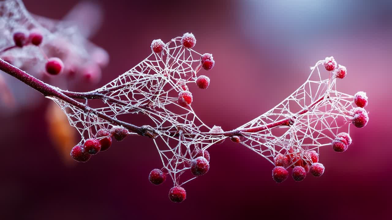 A Stunning Close-Up of Frost-Covered Branches Displaying Intricate Web Patterns Among Vibrant Red Berries, Capturing the Beauty of Winter's Chill Against a Soft, Colorful Background