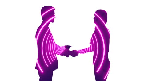 animation of circular tunnel over silhouette of man giving currency to woman over white background