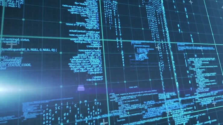 Animation af digital databehandling over gitter og blå baggrund