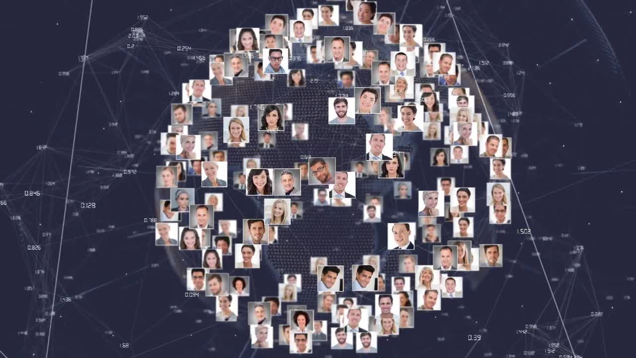 어두운 배경에 연결 네트워크와 사진과 함께 지구의 애니메이션