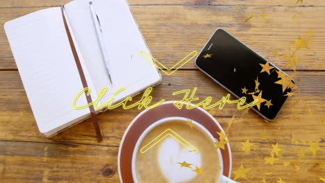 animated illustration showing coffee cup with heart latte art on desk near notebook and smartphone