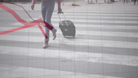 animation of falling graphs, changing numbers, african american man walking with rolling suitcase