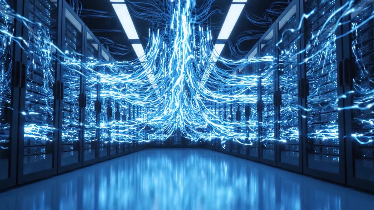 Futuristic Data Center with Glowing Fiber Optic Cables and Advanced Server Racks, Showcasing Modern Technology and Connectivity in a Sleek Digital Space