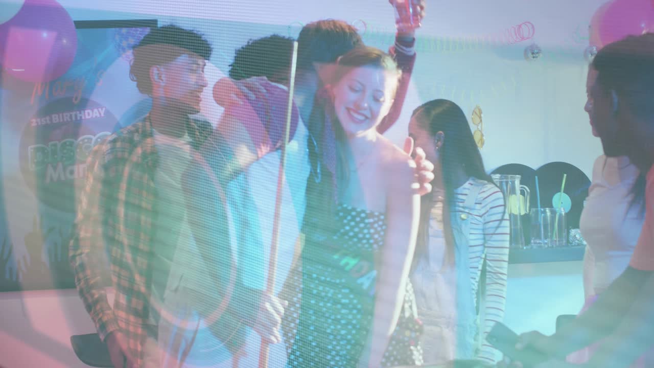 Friends celebrating around honoree at pool table after handoff, hugging with lasers for events