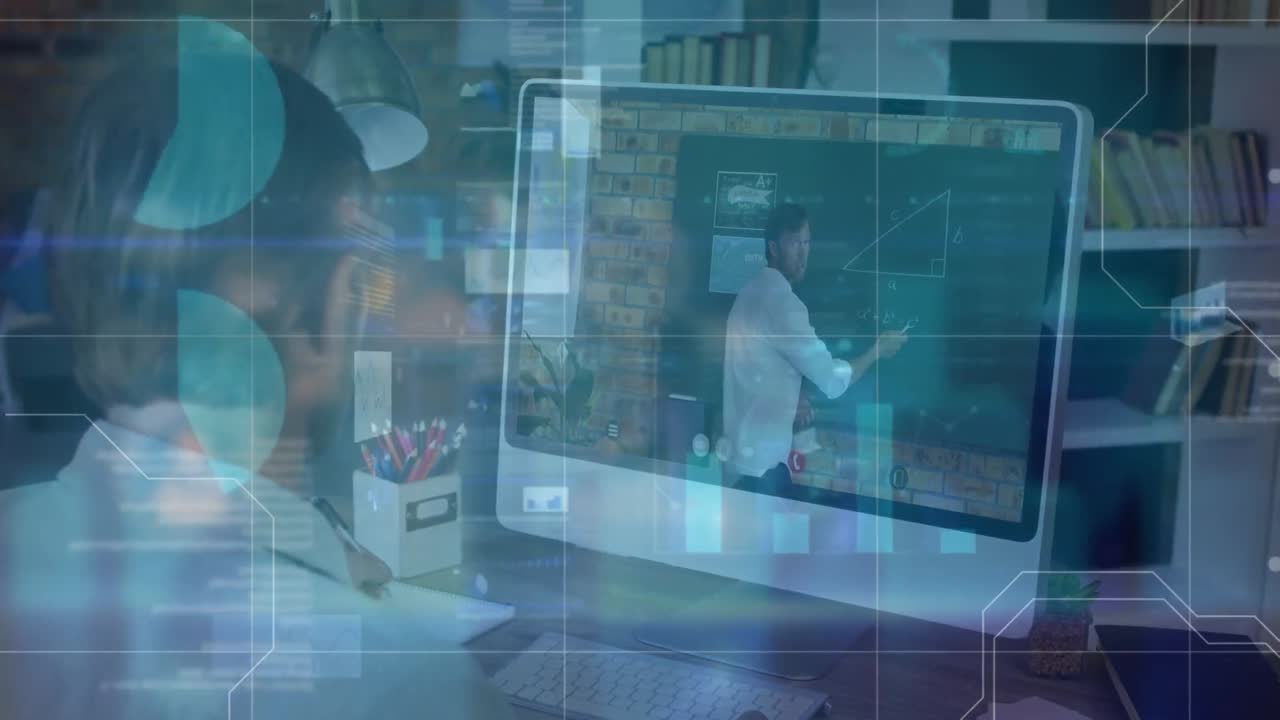 animation von grafiken über einen kaukasischen mann, der einen videoanruf auf einem laptop macht