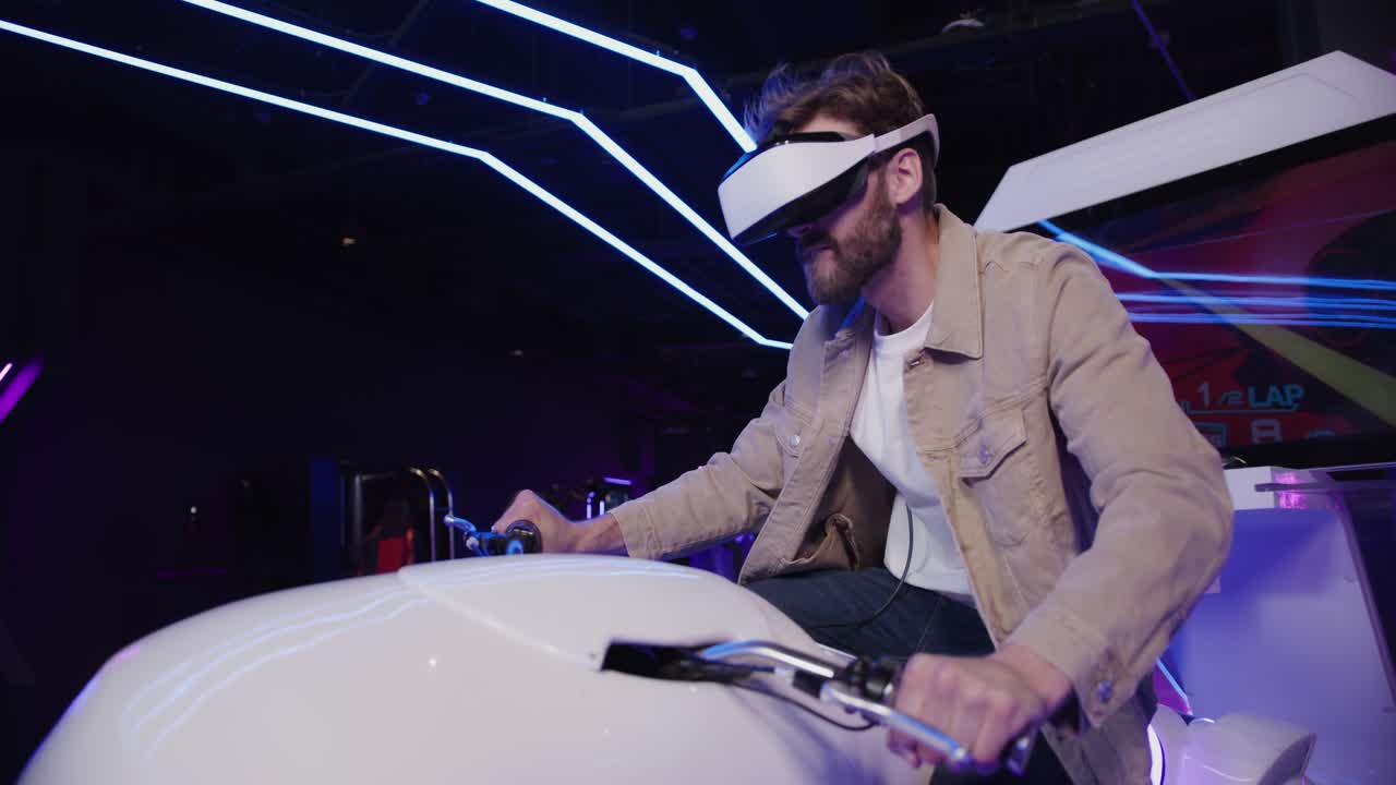 Man in VR Motorcycle Simulator Experience