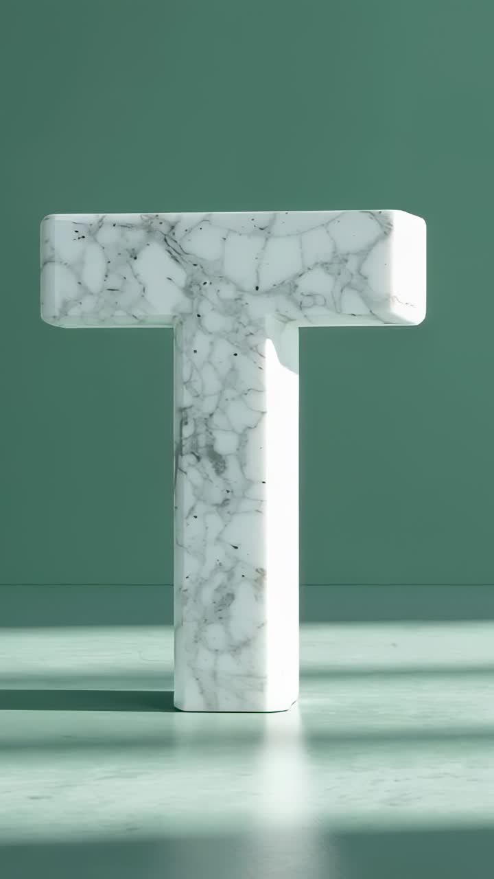 Vertical video: Moving light beam casting shadows on marble T sculpture in studio on mint floor