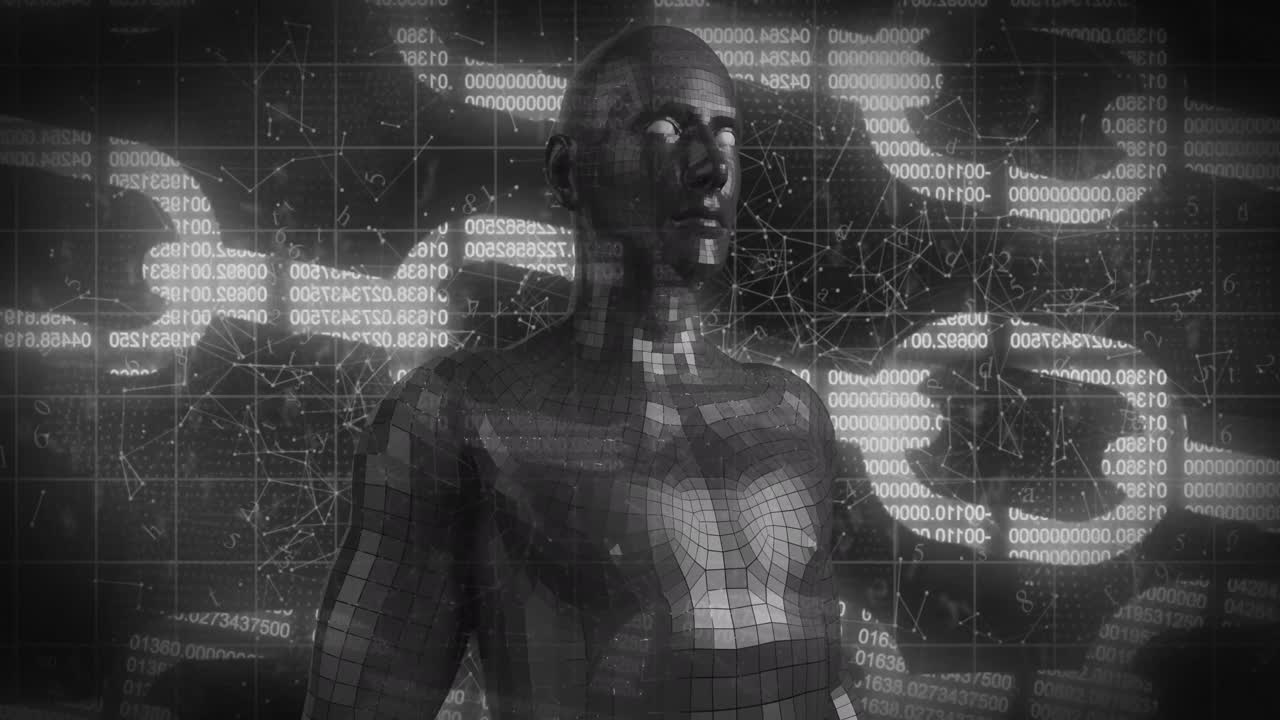 modelo de cuerpo humano masculino y red de conexiones contra la cadena de seguridad en fondo negro