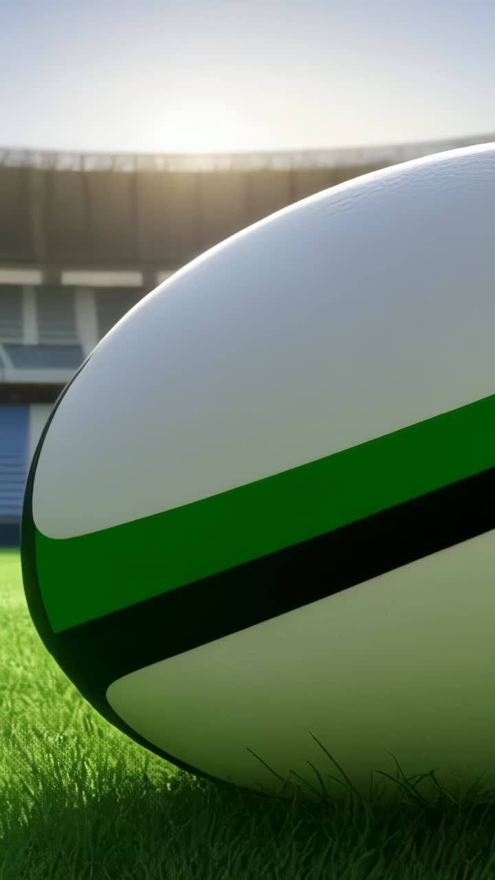 Vertical video: Sun rising causing rugby ball with green stripe reflecting light on stadium turf