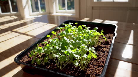 coriander seedlings growing in a tray on a wooden table by the window