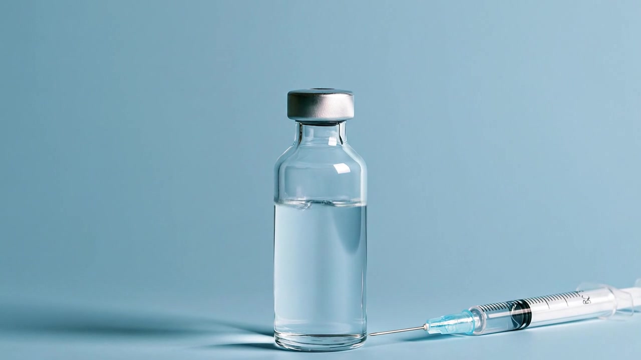 Doorzichtig medicijnflesje en spuit getoond op een schoon blauw laboratoriumoppervlak