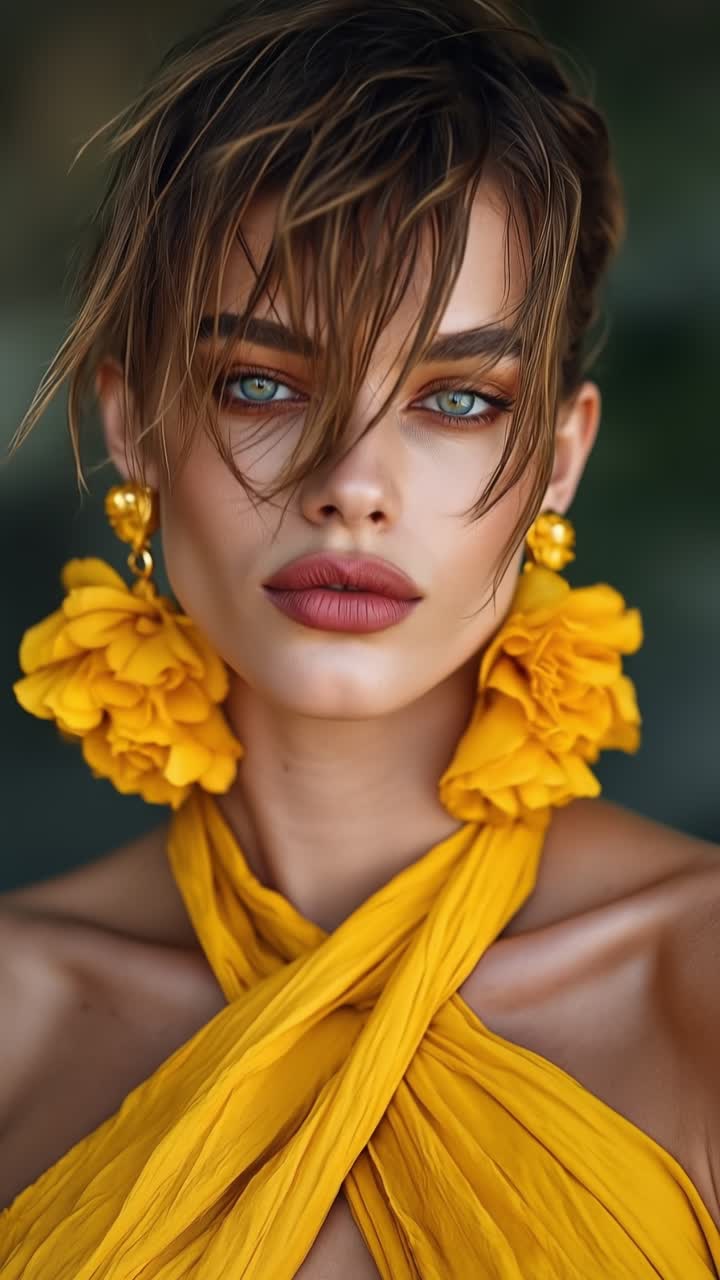 Ritratto di bellezza estiva: bella donna con capelli bagnati e grandi orecchini a fiore giallo.