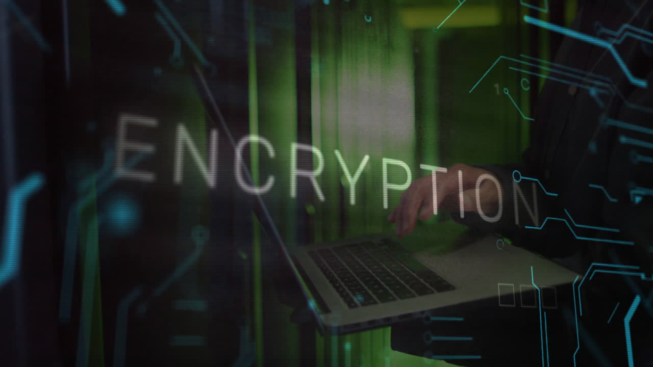 Animation of encryption text over caucasian man using laptop in server room