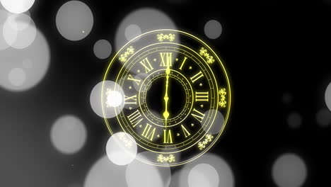 Animación-Del-Reloj-Que-Muestra-Medianoche-Y-Puntos-De-Luz-Sobre-Fondo-Negro