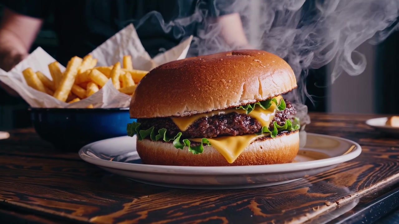 Primo piano di cheeseburger fumante e patatine fritte su un tavolo rustico.