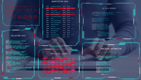 Animation of digital data processing on screens over biracial man using laptop