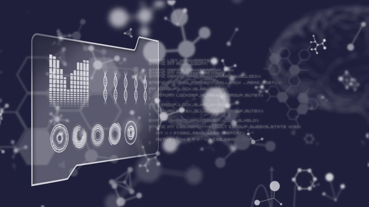 Animation of molecules and human brains floating with data processing