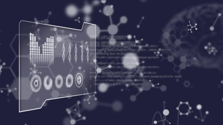 Animation of molecules and human brains floating with data processing