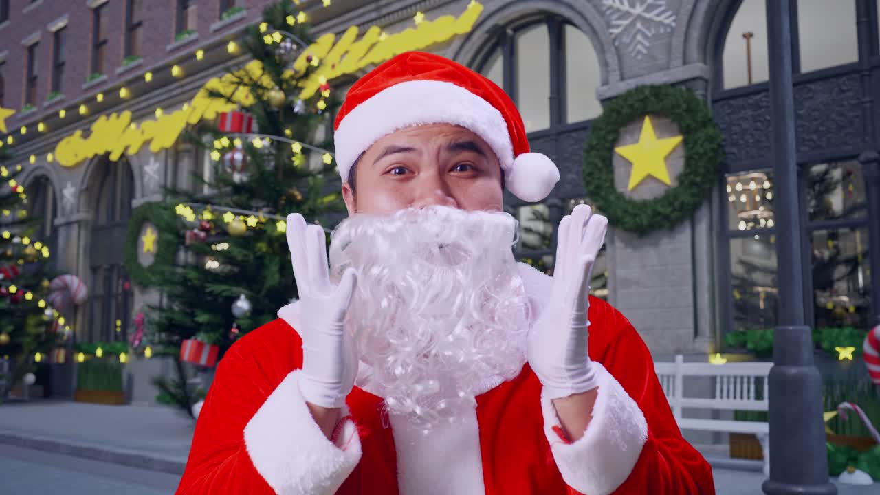 아시안 남자 산타클로스가 크리스마스 밤에 서있는 동안 와우라고 말합니다.