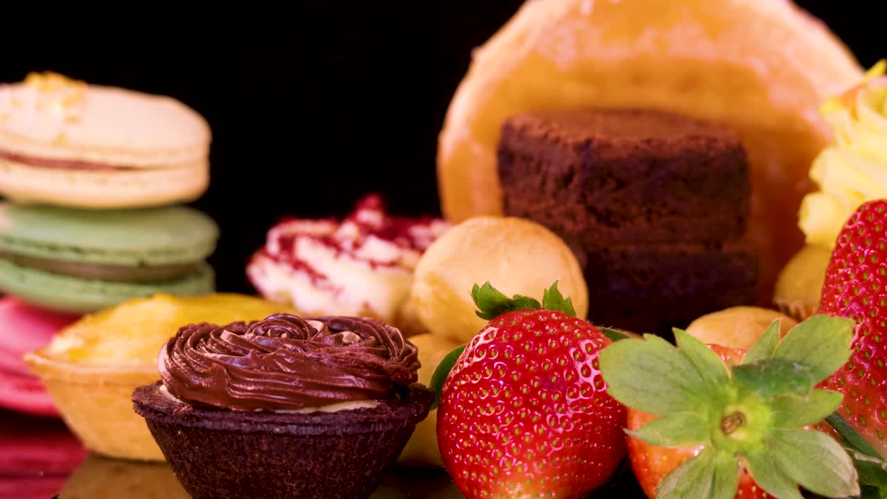 A vibrant selection of macarons, donuts, brownies, cupcakes, tarts, and strawberries arranged closely together, illuminated by bright studio lighting with smooth camera push-in