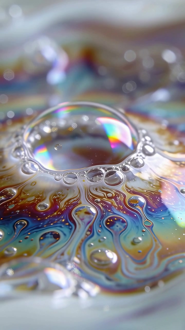 Video verticale: Luce cangiante che crea una gocciolina su una pellicola iridescente, proiettando un arco arcobaleno.