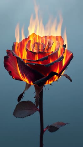 A close-up shot of a rose engulfed in flames against a blue background, creating a surreal