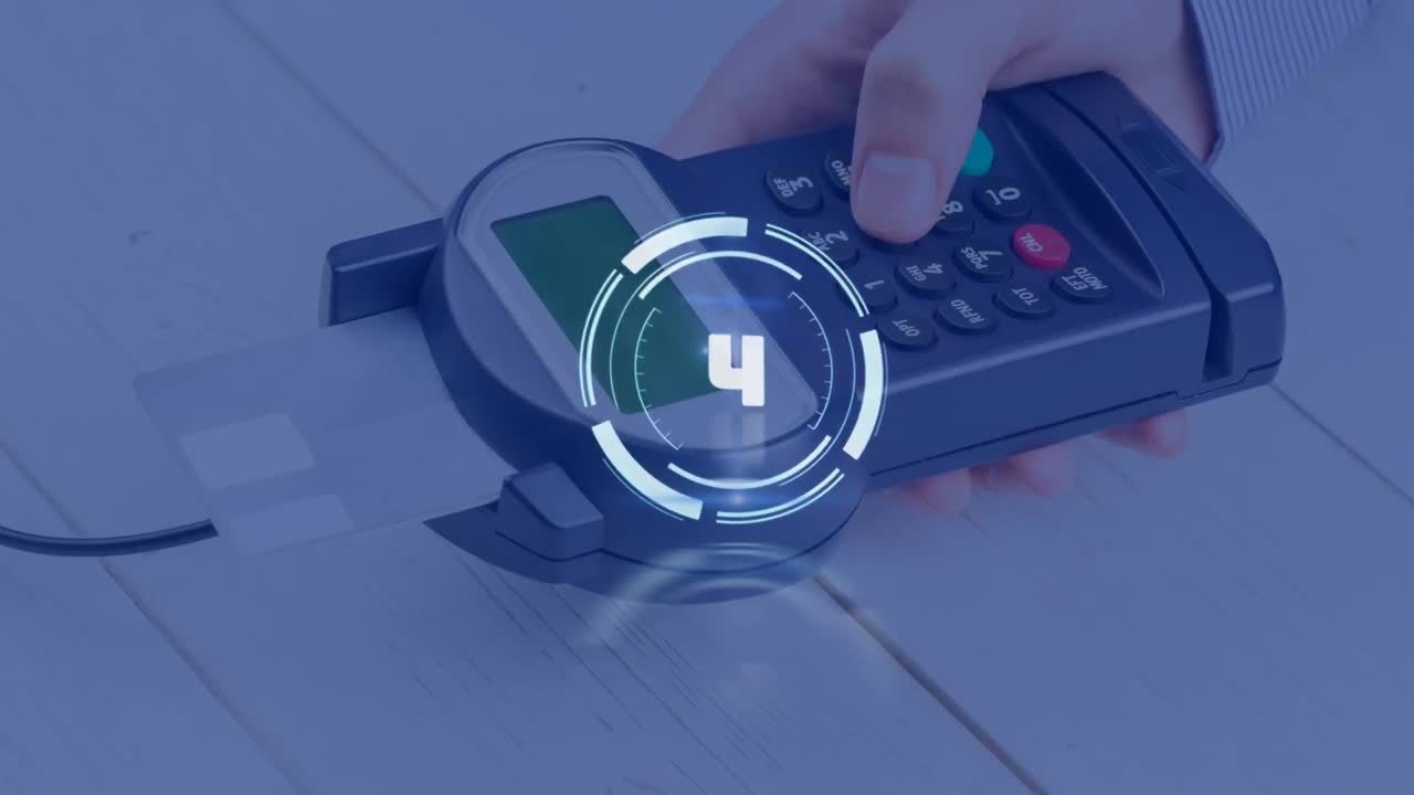 Animation of scope scanning with countdown over payment terminal