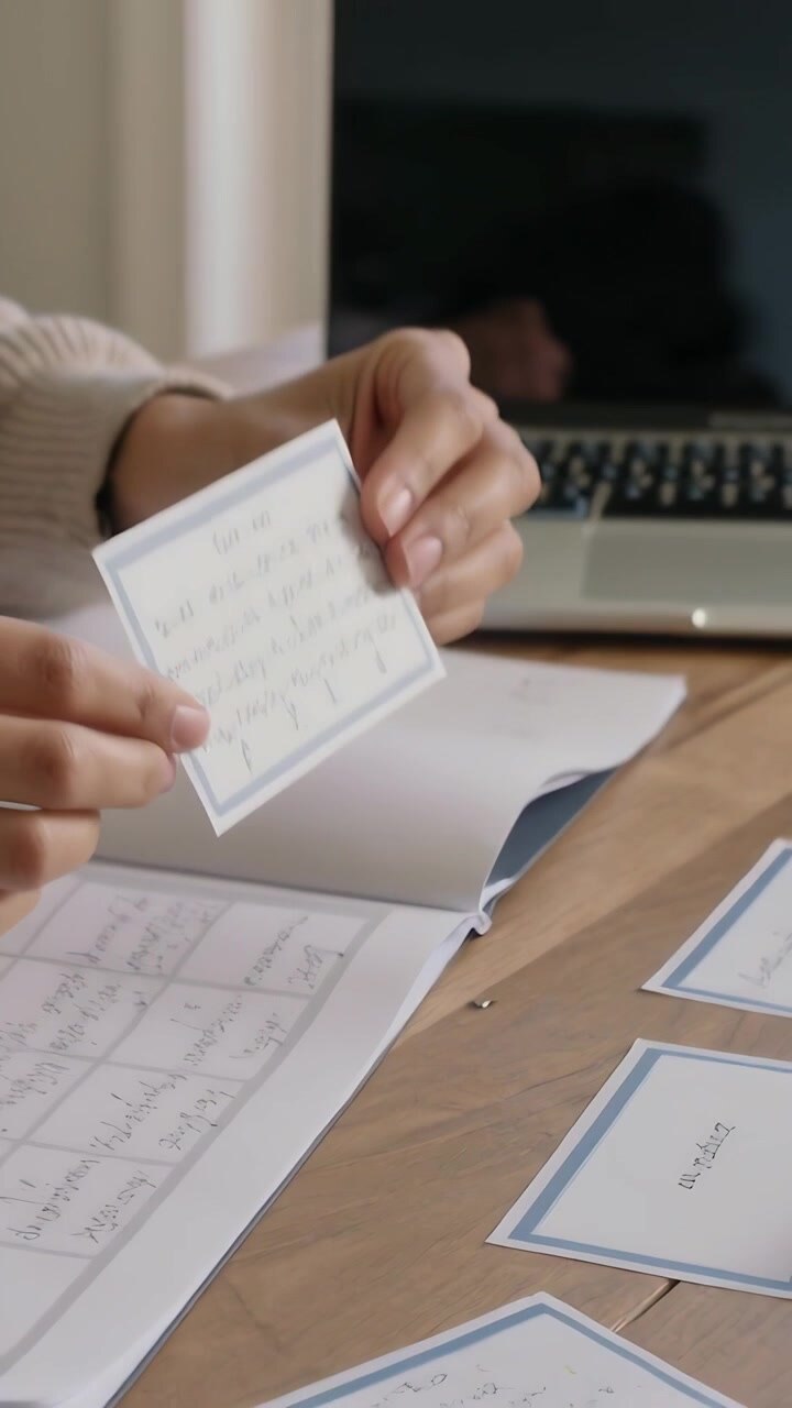 Video verticale: mani con manica in maglia che ordinano flashcard e quaderno vicino alla finestra per studiare