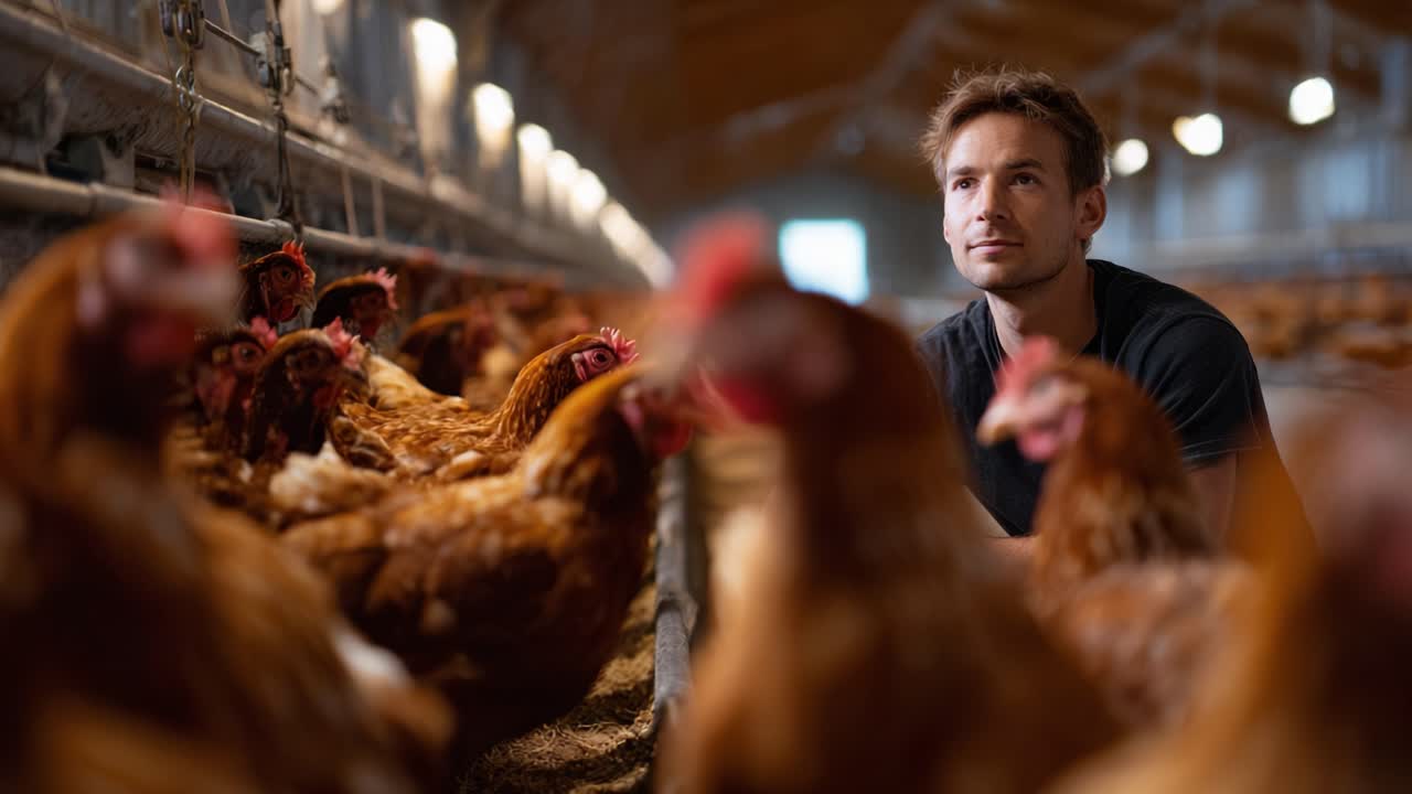 A thoughtful farmer observes his flock of hens in a spacious and well-lit poultry house, reflecting on the nurturing and responsibilities of raising chickens