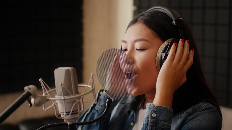 Cantante donna che canta in uno studio di registrazione professionale