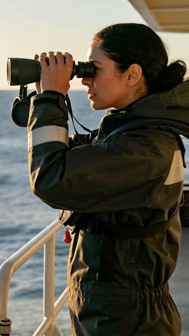 Vertical video: Scanning low sun, crew raising binoculars on deck, wearing life jacket