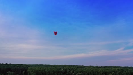 paper lanterns floating in sky. aerial view of single floating lantern against forest