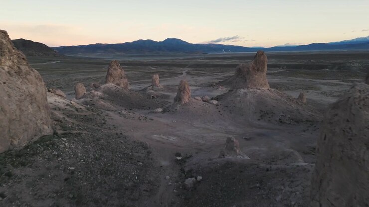 A drone over Trona Pinnacles California at sunrise.