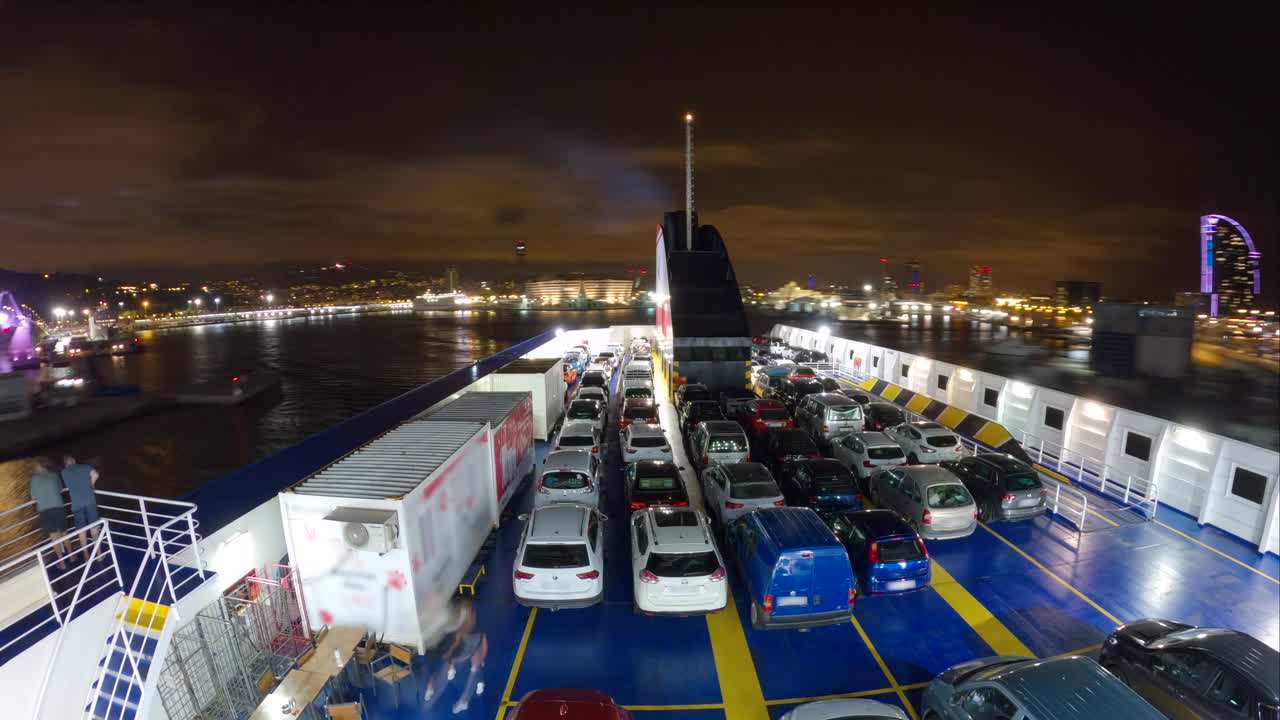 Night timelapse Ferry boat transport of cars and passengers Balearic Islands Mallorca from Barcelona