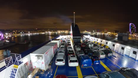 night timelapse ferry boat transport of cars and passengers balearic islands mallorca from barcelona