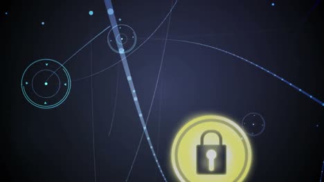 animación de la red de conexiones con candado de seguridad en línea sobre nubes y cielo