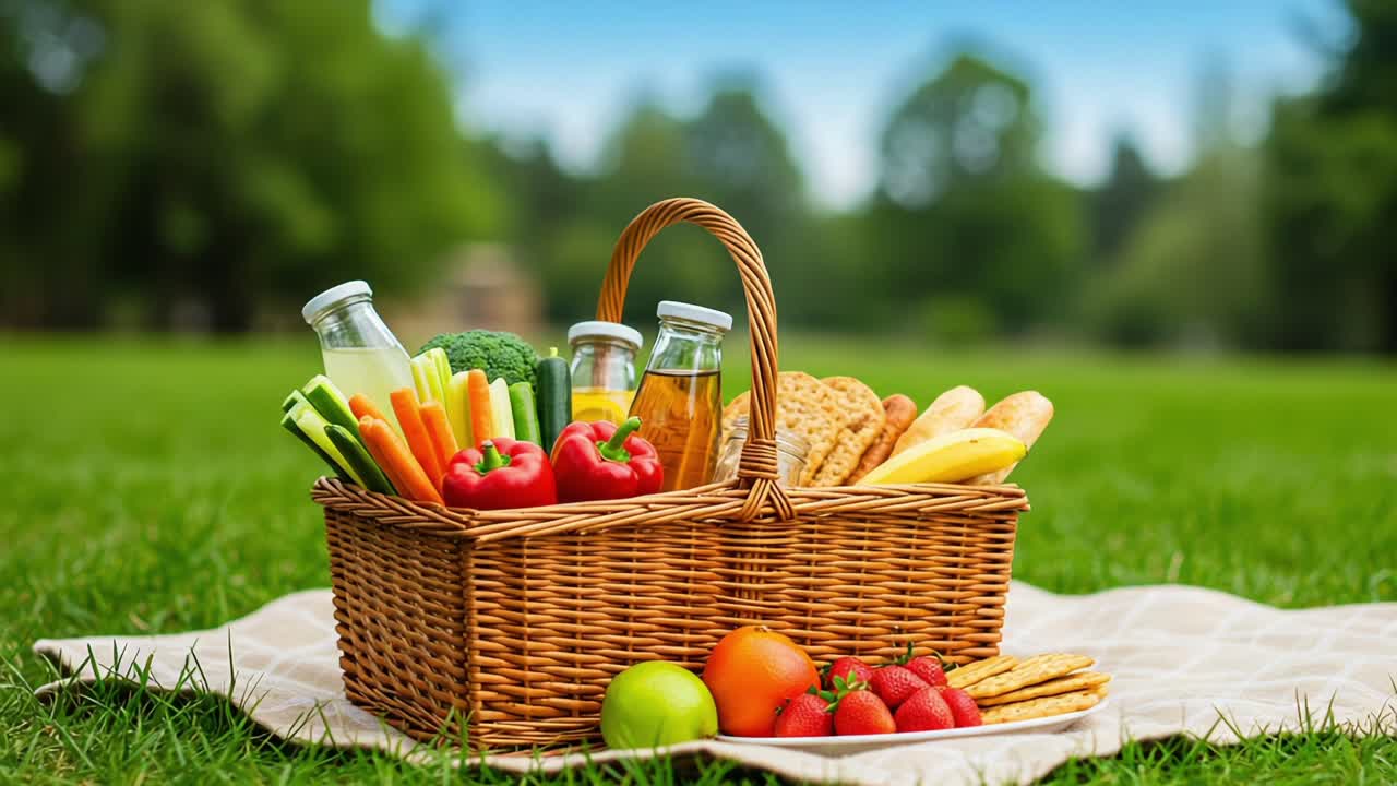 A Colorful Picnic Basket Filled with Fresh Fruits, Vegetables, and Juices on a Sunny Day in a Serene Park Setting