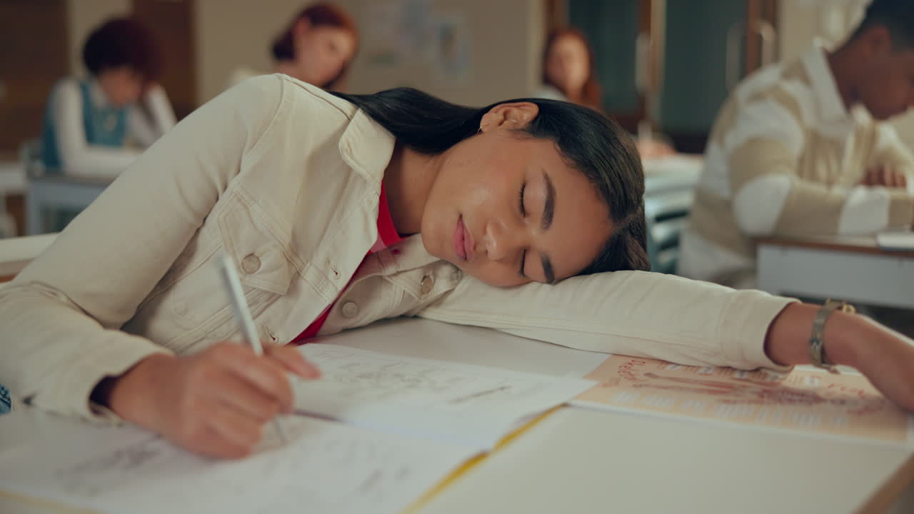 Tired student sleeping at desk in classroom
